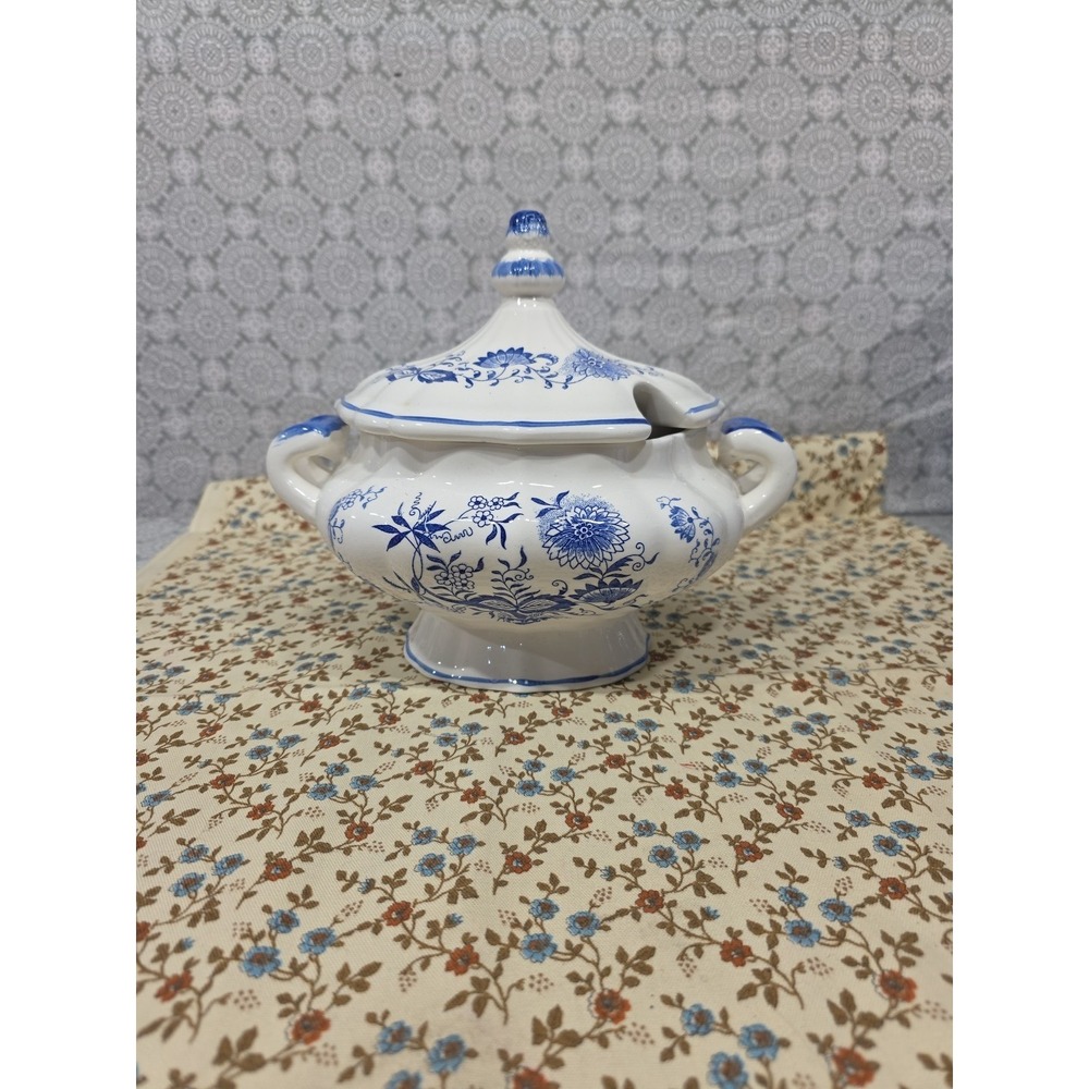 Vintage Blue White Porcelain Soup Tureen Ladle‎ Bowl Floral Pattern Footed